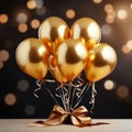 Image Celebratory scene bunch of golden balloons with ribbons, 3Drendering