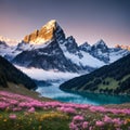 cenic view on Bernese range above Bachalpsee lake. Popular peaks Eiger, Jungfrau and Faulhorn. Switzerland alps, Royalty Free Stock Photo