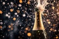 An image of a champagne bottle with a refreshing splash of water on its surface, Vintage French Champagne bottle popping, AI Royalty Free Stock Photo