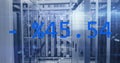 Image of changing numbers, data processing and light spots against computer server room Royalty Free Stock Photo