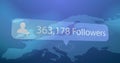 Image of changing numbers, followers text, icon over abstract pattern on blue background