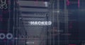 Image of changing numbers, hacked text, computer language and binary codes over server room