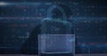 Image of changing numbers, letters and padlock over hacker using computer Royalty Free Stock Photo