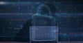 Image of changing numbers, letters and padlock over hacker using computer Royalty Free Stock Photo