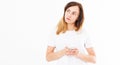 Image of charming asian white woman with long hair holding silver cell phone isolated over white background in studio Royalty Free Stock Photo