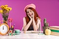 Image of charming teenage girl smiling while studying with exercise books Royalty Free Stock Photo