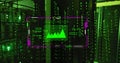 Image of chart on interface screen and binary data processing over dark computer servers Royalty Free Stock Photo