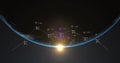 Image of chart processing data over globe and sun in space