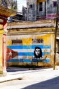 Image of Che Guevara and a cuban flag on an old building in Havana
