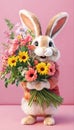 cartoon rabbit holding a large bouquet of flowers