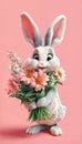 cheerful cartoon rabbit holding a large bouquet of flowers.