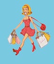 Cheerful woman wanking with shopping bags