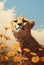 Image of cheetah in a beautiful field of flowers. Wildlife Animals., Generative AI, Illustration