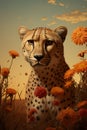 Image of cheetah in a beautiful field of flowers. Wildlife Animals., Generative AI, Illustration