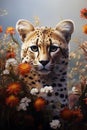 Image of cheetah in a beautiful field of flowers. Wildlife Animals., Generative AI, Illustration