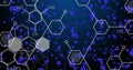 Image of chemical formulas over blue cells on navy background Royalty Free Stock Photo