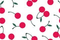 Image of cherry fruits with green leaves on a white background vector illustration. Cute cartoon fruit pattern, flat Royalty Free Stock Photo