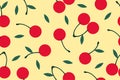 Image of cherry fruits with green leaves on a yellow background vector illustration. Cute cartoon fruit pattern, flat Royalty Free Stock Photo