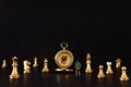 Image of chess game. Businessman looking at compass and pawns, competition, strategy, leadership and success concept