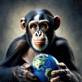 A chimpanzee gazing into the camera with a sad look, presenting Earth in its hands, AI generated