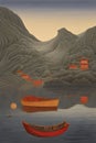 image of the China landscape and a boat that moves, in the style of monochromatic ink wash digital painting.