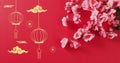 Image of chinese pattern and blossom decoration on red background Royalty Free Stock Photo