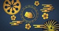 Image of chinese symbolic with mouse, flowers and shapes on navy scallop background