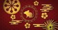 Image of chinese symbolic with mouse, flowers and shapes on red scallop background