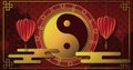Image of chinese symbolic with yin yang, lanterns and shapes on red scallop background