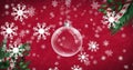 Image of christmas bauble dangling over snow falling on red background