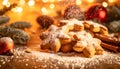 christmas biscuits, decorated christmas cookies , close up , cozy background christmas Generative AI