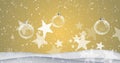 Image of christmas bubbles and stars with snow falling on yellow background Royalty Free Stock Photo