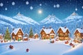 Christmas celebration in winter town. Cartoon mountain village and forest landscape with cute Xmas scenes of