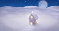 Image of christmas cottage in winter landscape, with full moon and falling snow