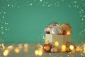 Image of christmas festive tree gold, silver and white balls decoration in the gift box. Royalty Free Stock Photo