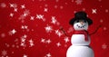 Image of christmas snow falling over snowman on red background Royalty Free Stock Photo
