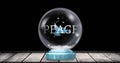 Image of christmas snow globe with peace text, dove and snow falling on black background