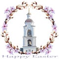 The image of the Church bell tower in a round frame of flowering willow and spring flowers on a white background with the wish of