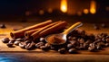 cinnamon sticks coffee beans and spoon on wooden table closeup macro shot , copy space for text Royalty Free Stock Photo