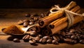 cinnamon sticks coffee beans and spoon on wooden table closeup macro shot , copy space for text Royalty Free Stock Photo