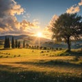 Cipressi Di San Quirico D\'Orcia at golden hour with beautiful warm light and clouds on hills italian landscape in