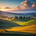 Cipressi Di San Quirico D\'Orcia at golden hour with beautiful warm light and clouds on hills italian landscape in