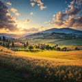 Cipressi Di San Quirico D\'Orcia at golden hour with beautiful warm light and clouds on hills italian landscape in