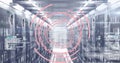 Image of circles, computer language over binary codes on data server racks in server room Royalty Free Stock Photo