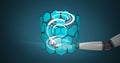 Image of circles and dna strand spinning over robot\'s arm