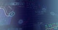 Image of circles, radars, map, computer language, graphs, trading boards over black background