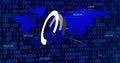 Image of circles and world map over data processing and binary coding on black background Royalty Free Stock Photo