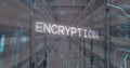 Image of circuit board pattern around binary codes and encryption text over server room Royalty Free Stock Photo