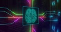 Image of circuit board pattern around brain over computer language against server room