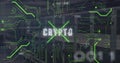 Image of circuit board pattern, binary codes and crypto text over server room Royalty Free Stock Photo